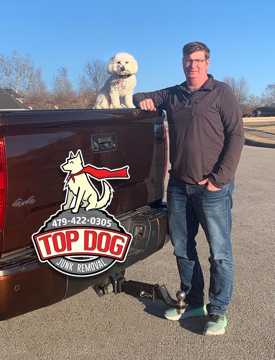Top Dog Junk owner Scott with Barkley the mascot
