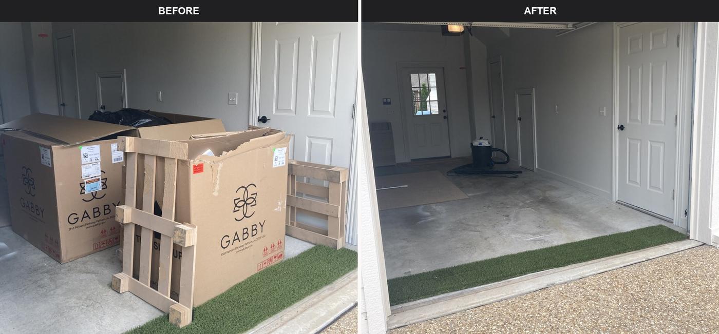 Before and after clearing boxes and crates from a garage