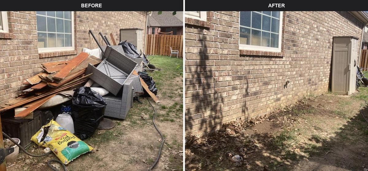 Before and after clearing outdoor furniture and debris beside a home