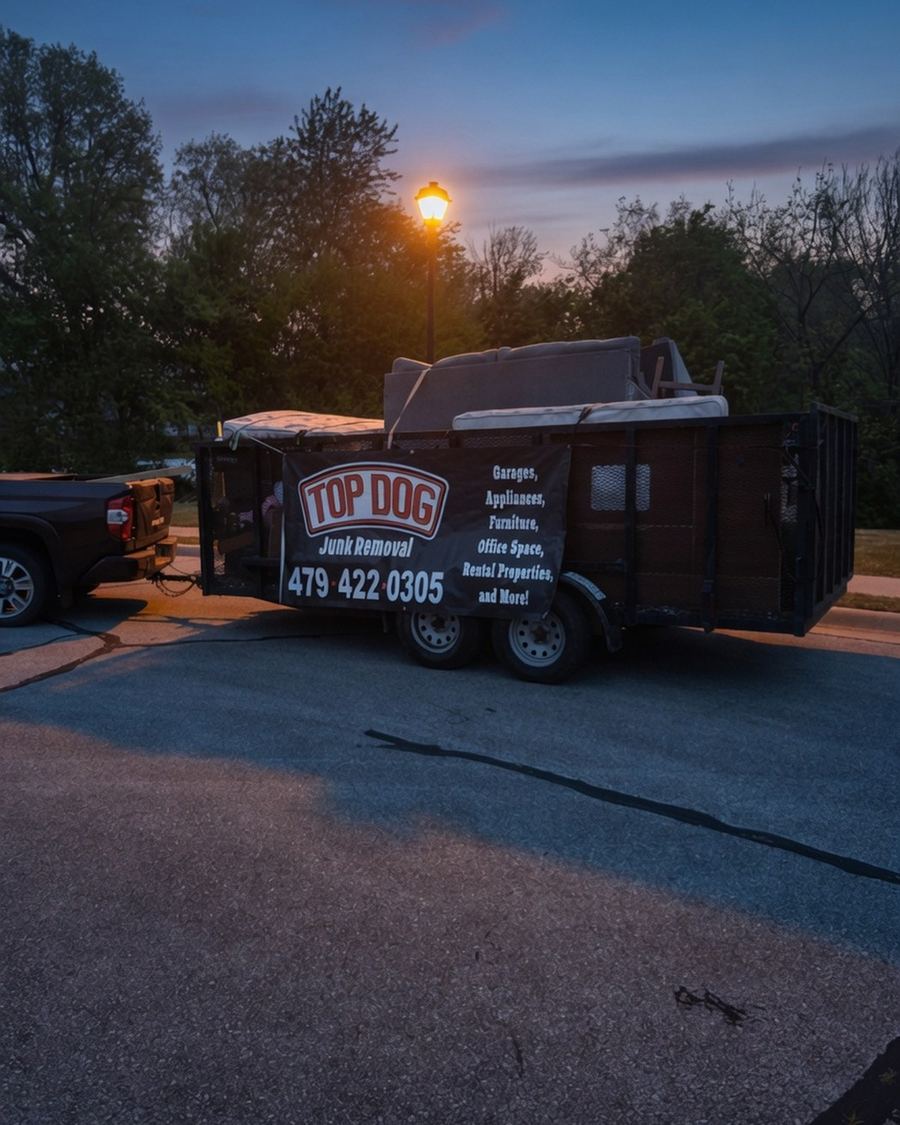 Top Dog Junk Removal trailer on an evening job